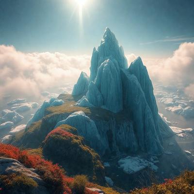 The primary subject of the image is a large, snow-covered mountain with a peak. The mountain is situated in a cloudy sky, giving it a majestic and serene appearance. The setting is a vast, open landscape with a blue sky in the background. The visual style of the image is a combination of photo and digital art, creating a realistic yet artistic representation of the mountain. The colors and mood of the image are predominantly blue and white, with a touch of red from the mountain's peak,